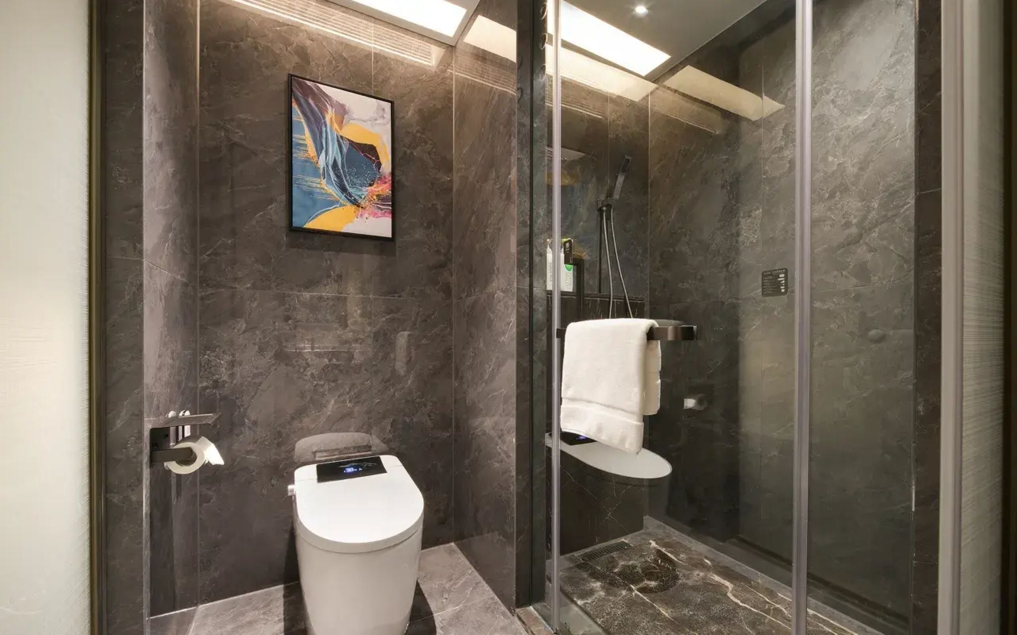 A modern bathroom with a toilet, a glass shower enclosure, and a wall-mounted towel rack.