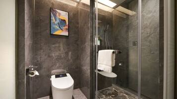 A modern bathroom with a toilet, a glass shower enclosure, and a wall-mounted towel rack.