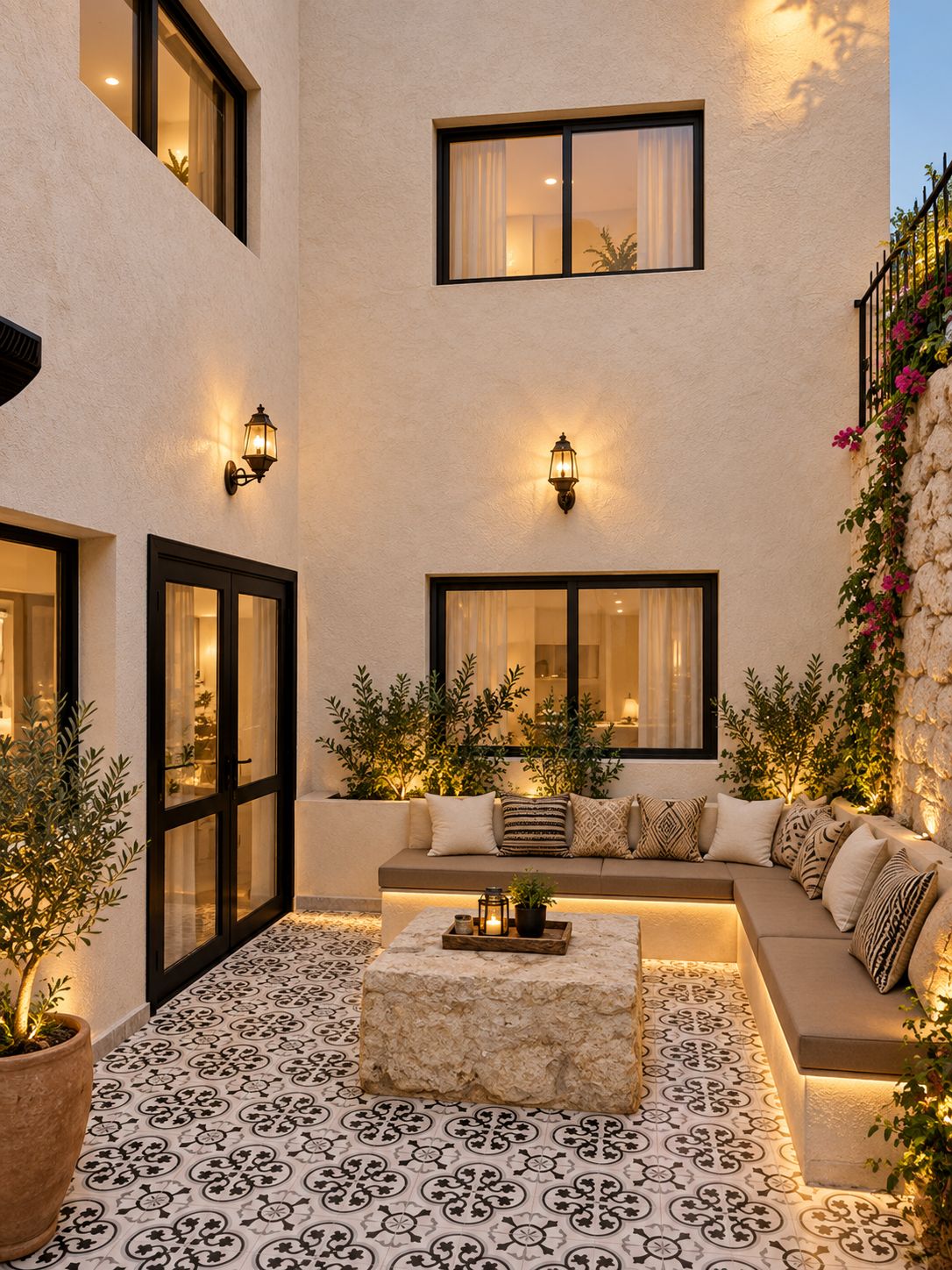 Un patio con un sofá, un banco de piedra y plantas en macetas.