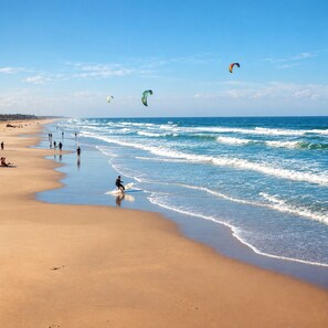 Ein Strand mit Menschen, die spazieren gehen und surfen, und Drachen, die am Himmel schweben.