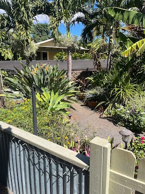 A garden with various plants and a house in the background. - Hale Manu i ke Kai (Kihei)