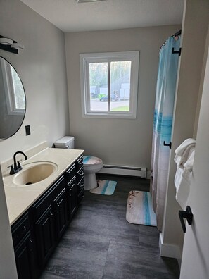 Une salle de bain comprenant un lavabo, des toilettes et un espace douche.