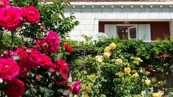 A building with a white facade and a tiled roof, surrounded by lush greenery and flowering plants.