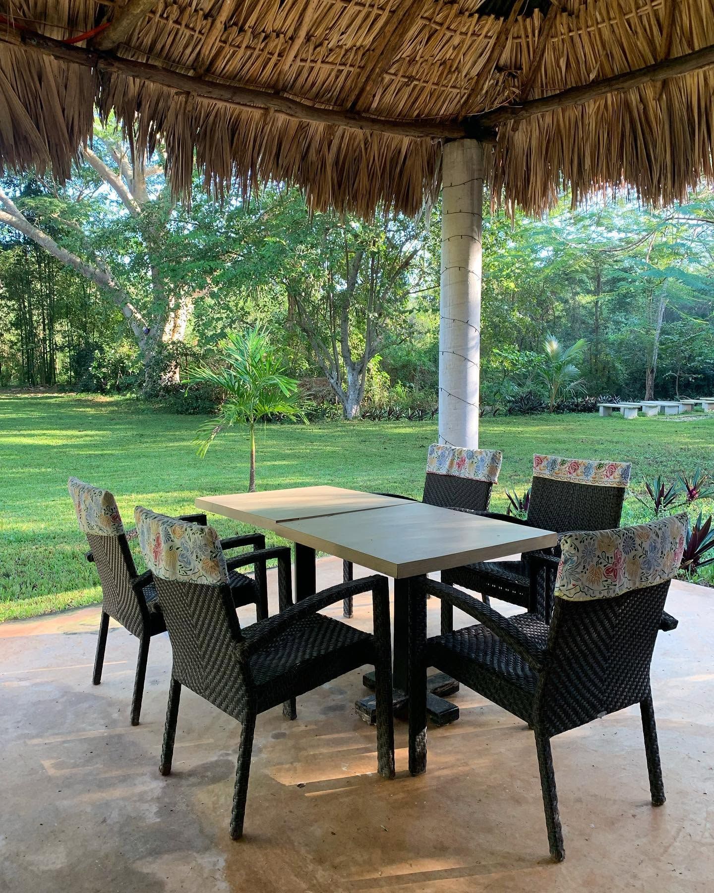 An outdoor dining area with a thatched roof, a table, and wicker chairs.