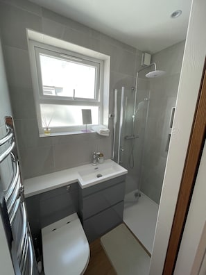 A modern bathroom with a shower, toilet, and sink.