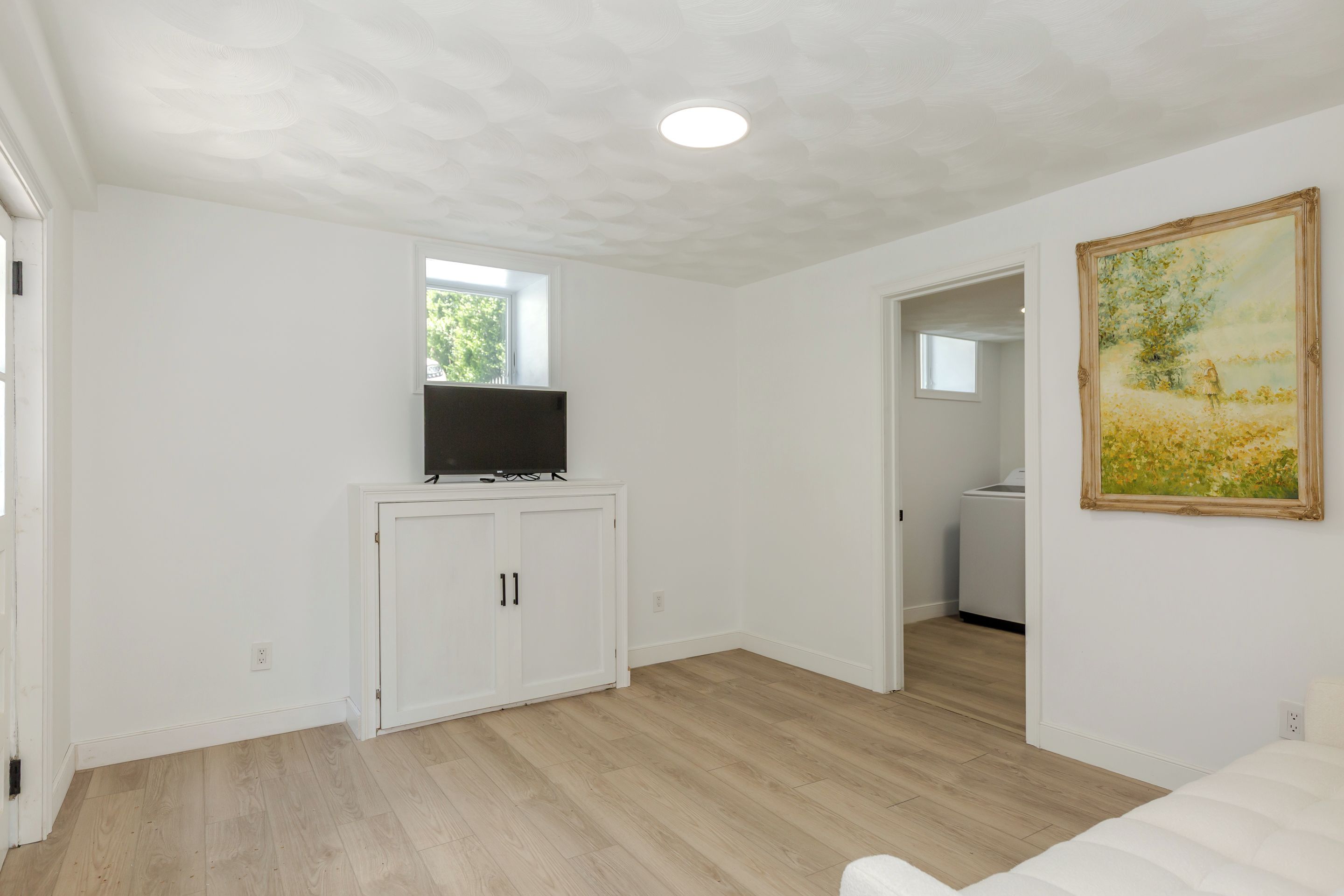 Une pièce avec un téléviseur à écran plat posé sur un meuble, un tableau accroché au mur et un lave-linge dans un coin.