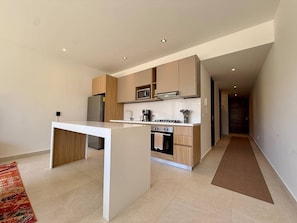 A modern kitchen with a central island, built-in appliances, and a minimalist design.