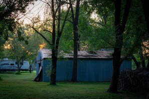 A rustic wooden structure with a corrugated metal roof, surrounded by trees and grass.