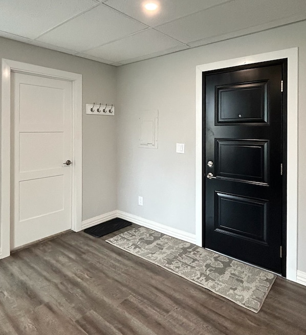 A hallway with a white door, a black door, a small rug, and a light switch on the wall.