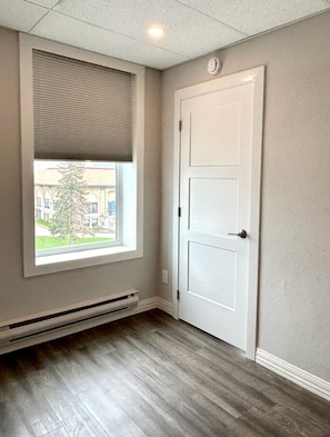 A room with a window, a door, and a radiator.
