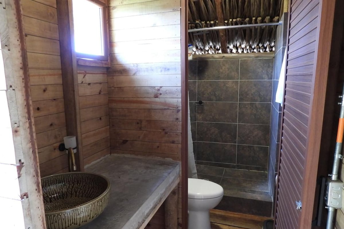 A wooden cabin bathroom with a toilet, a shower, and a wooden floor.