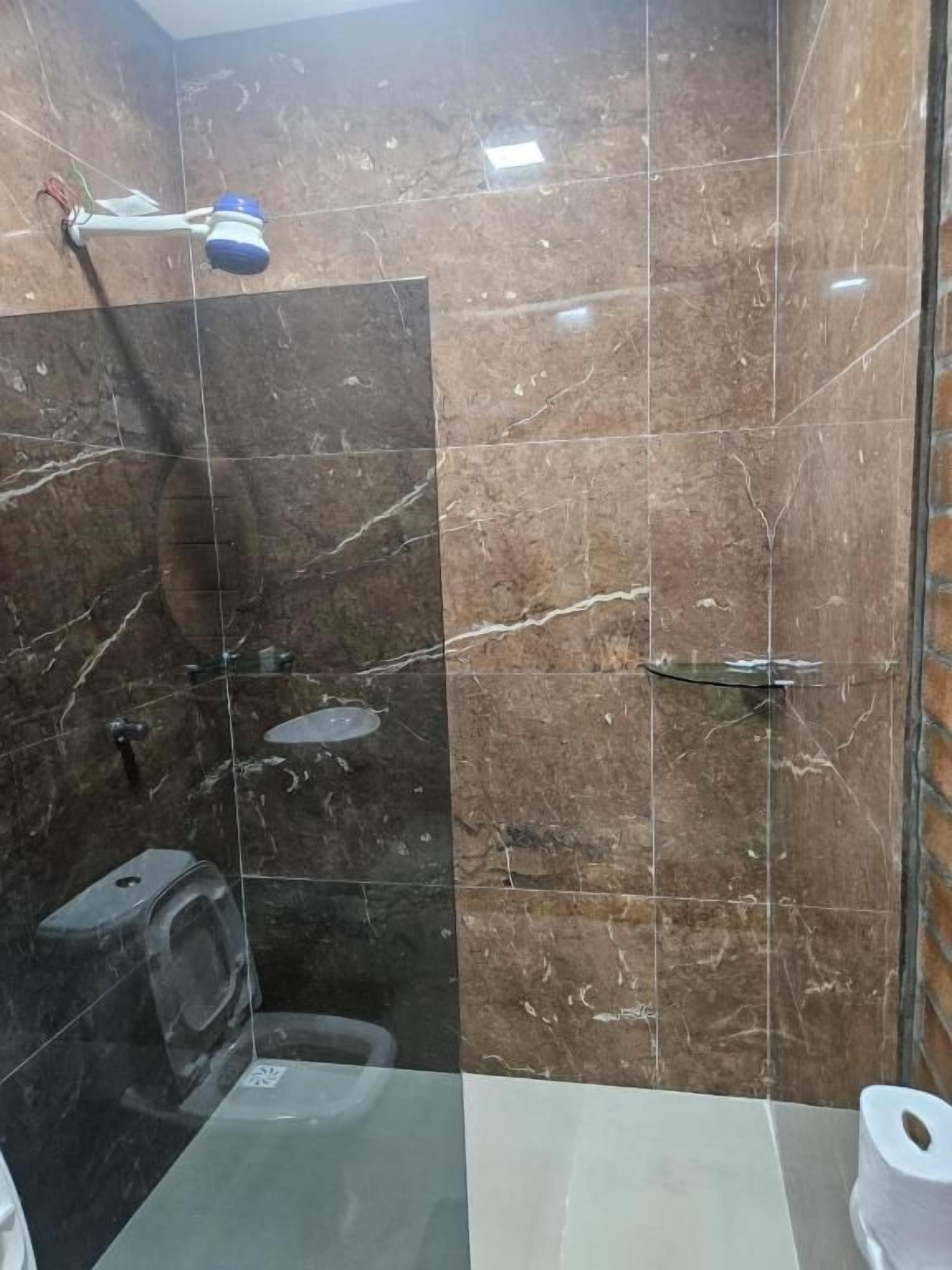 A bathroom with a toilet, a shower, and a glass-enclosed shower area.