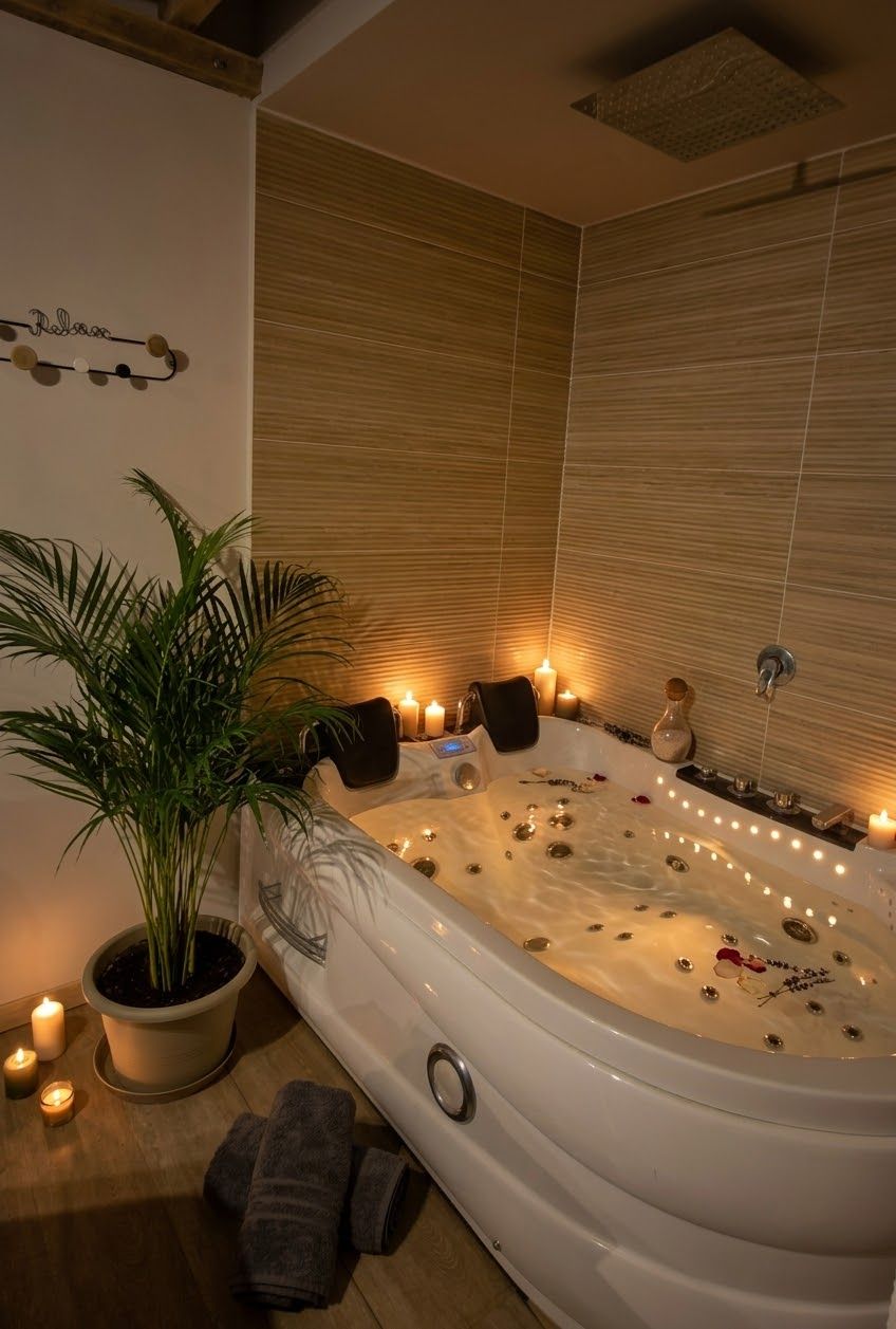 A spa room with a large bathtub, candles, and a potted plant.
