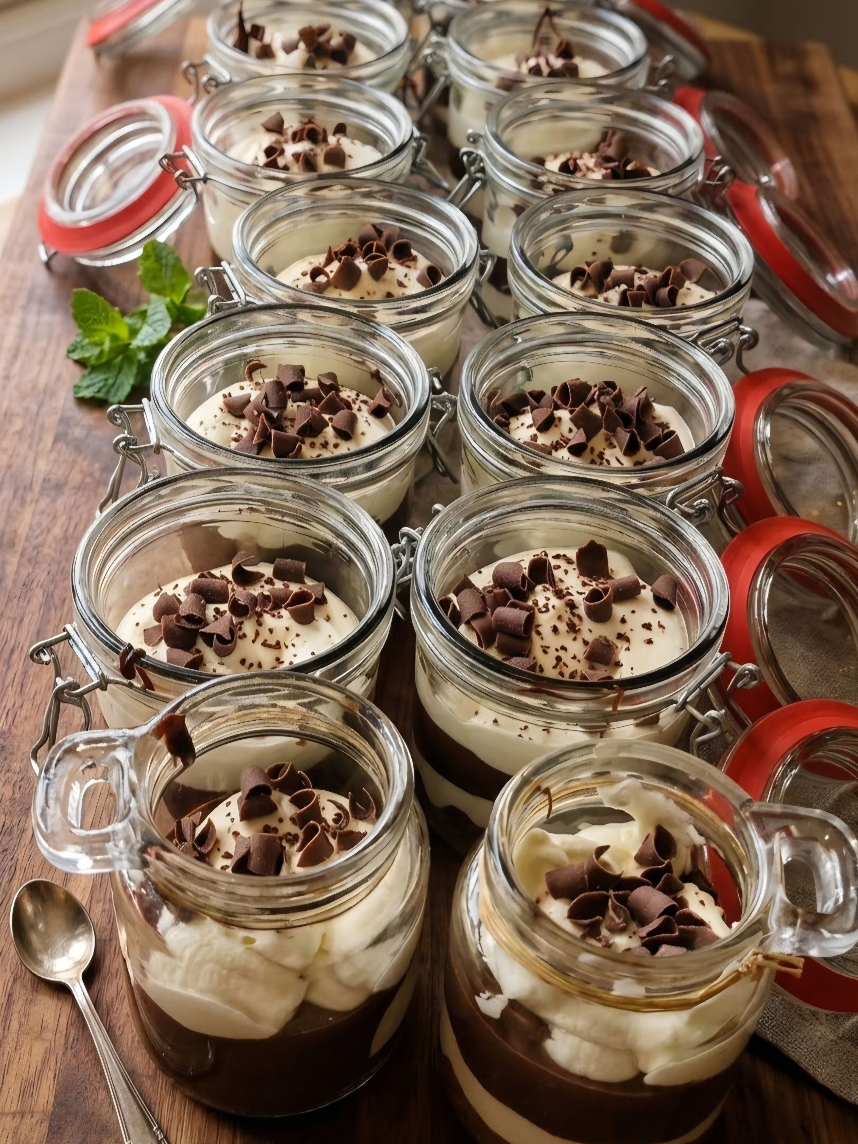 Vários potes de vidro com tampas de metal, cada um contendo uma sobremesa em camadas coberta com raspas de chocolate.