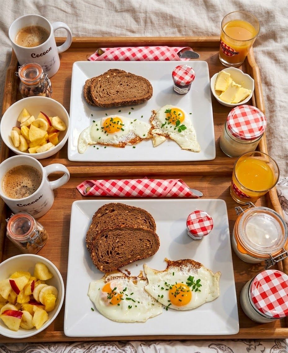 Un plateau de petit-déjeuner avec des toasts, des œufs, des fruits et des boissons.