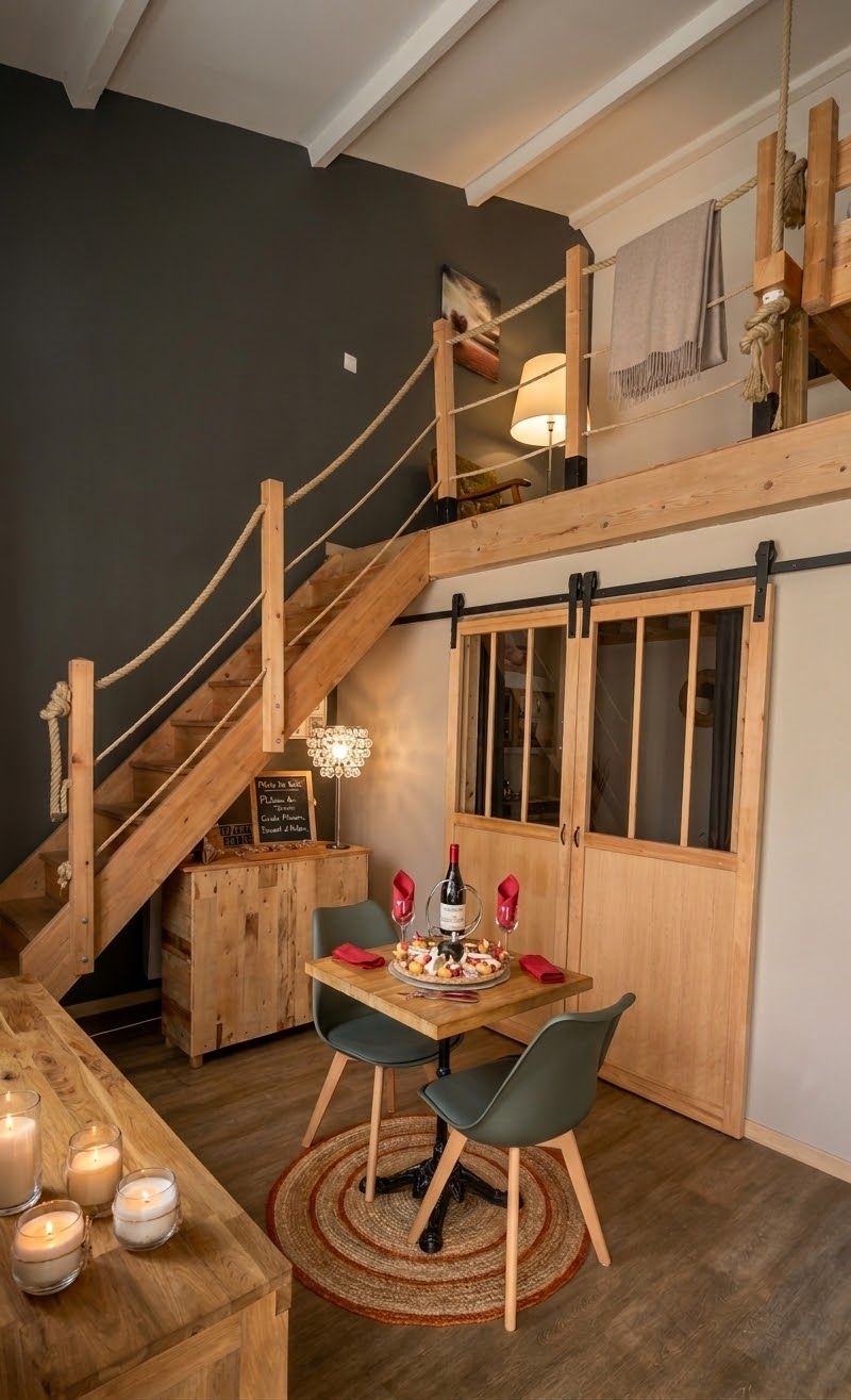 A wooden staircase with a rope railing leading to a loft area. A table with candles and a bottle of wine is set up in the lower level.