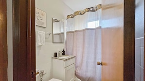 Une salle de bain équipée de toilettes, d’un lavabo, d’un miroir et d’un rideau de douche.