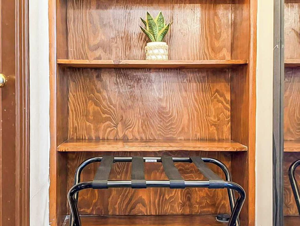 A wooden shelf unit with a plant on the top shelf and a black metal rack on the bottom shelf.