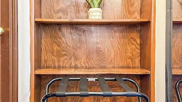 A wooden shelf unit with a plant on the top shelf and a black metal rack on the bottom shelf.