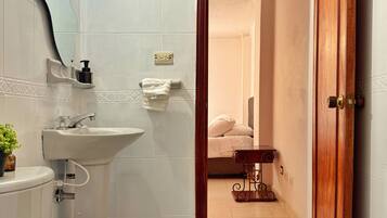 Une salle de bain avec des toilettes, un lavabo et un miroir.