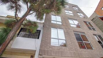 Un edificio de varios pisos con fachada de ladrillo, ventanas amplias y una palmera frente a él.