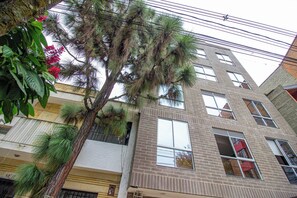 Un edificio de varios pisos con fachada de ladrillo, múltiples ventanas y un árbol en la entrada.