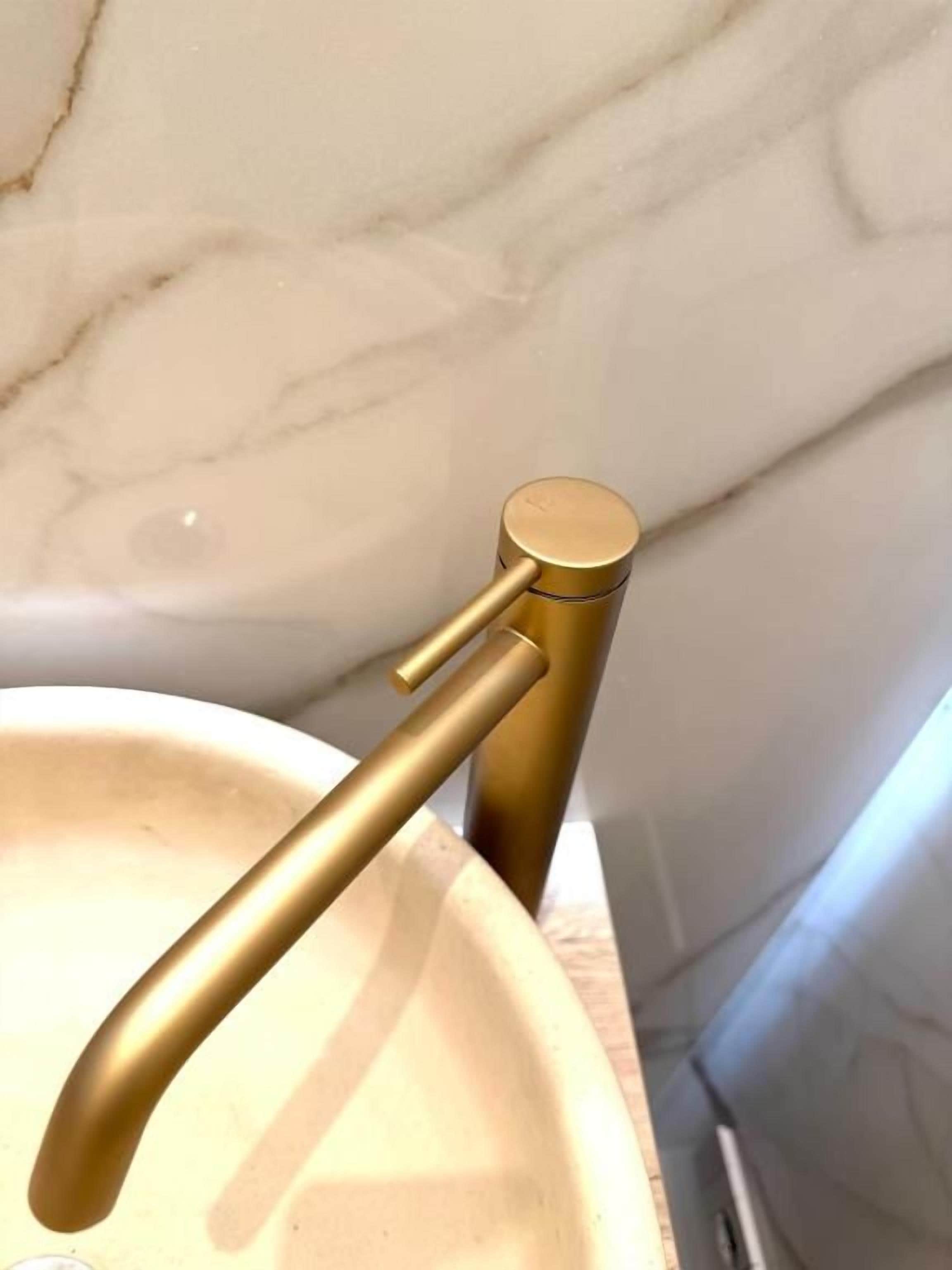 Une salle de bain avec un lavabo en marbre et un robinet doré.