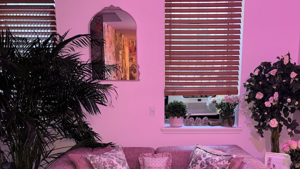 Ein rosafarbenes Sofa mit floralen Kissen in einem Zimmer mit Holzboden, einer großen Topfpflanze und einem Fenster mit Jalousien.
