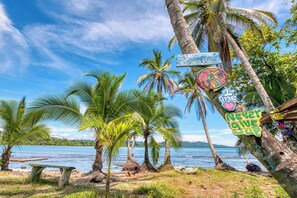A beach scene with palm trees, a sign reading 'Costa Rica,' and a sign with the text 'Never give up.' - Villa Cookies | Tropical Hideaway & Plunge Pool (Puerto Viejo de Talamanca)