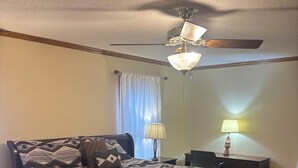 A bedroom with a bed, a ceiling fan, a nightstand with a lamp, and a window with curtains. - Perfect 3-bedroom farmhouse with AC in pleasant Washington (Washington)
