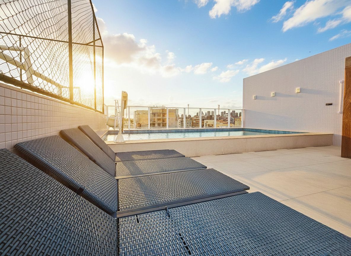 A rooftop pool area with lounge chairs and a city view.