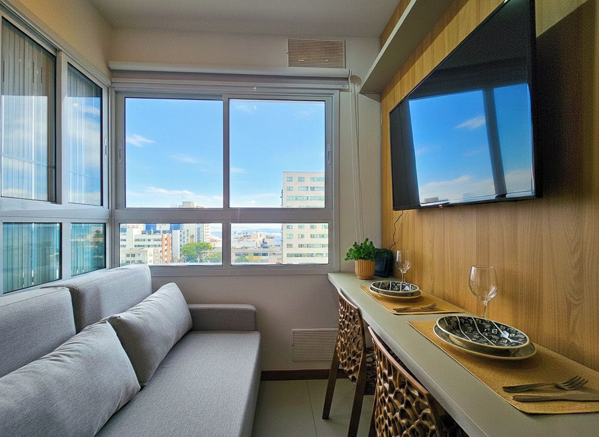 A modern living room with a sofa, dining table, and chairs, a flat-screen TV mounted on the wall, and large windows offering a city view.