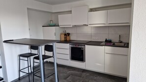 A compact kitchen with a single countertop, a built-in oven, and a sink.