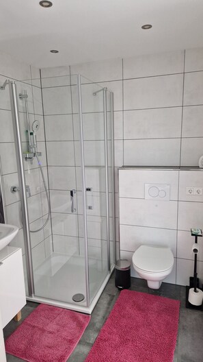 Uma casa de banho moderna com chuveiro em cabine de vidro, sanita e lavatório.