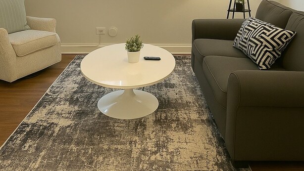 A living room with a round coffee table, a sofa, a chair, a lamp, and a window with blinds. - Delightful 1BR Apt in Ravenswood (Chicago)