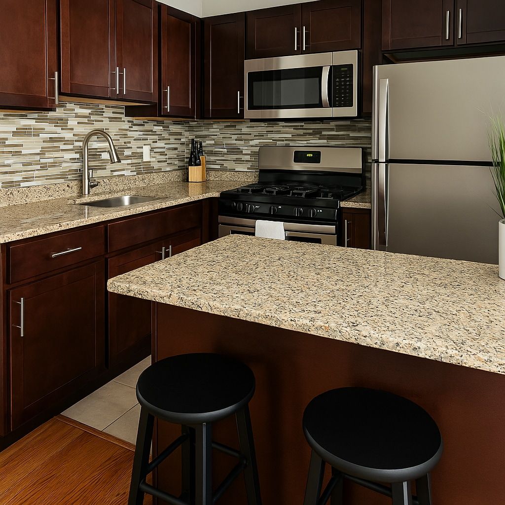 A kitchen with dark wood cabinets, stainless steel appliances, a granite countertop, and two black stools.
