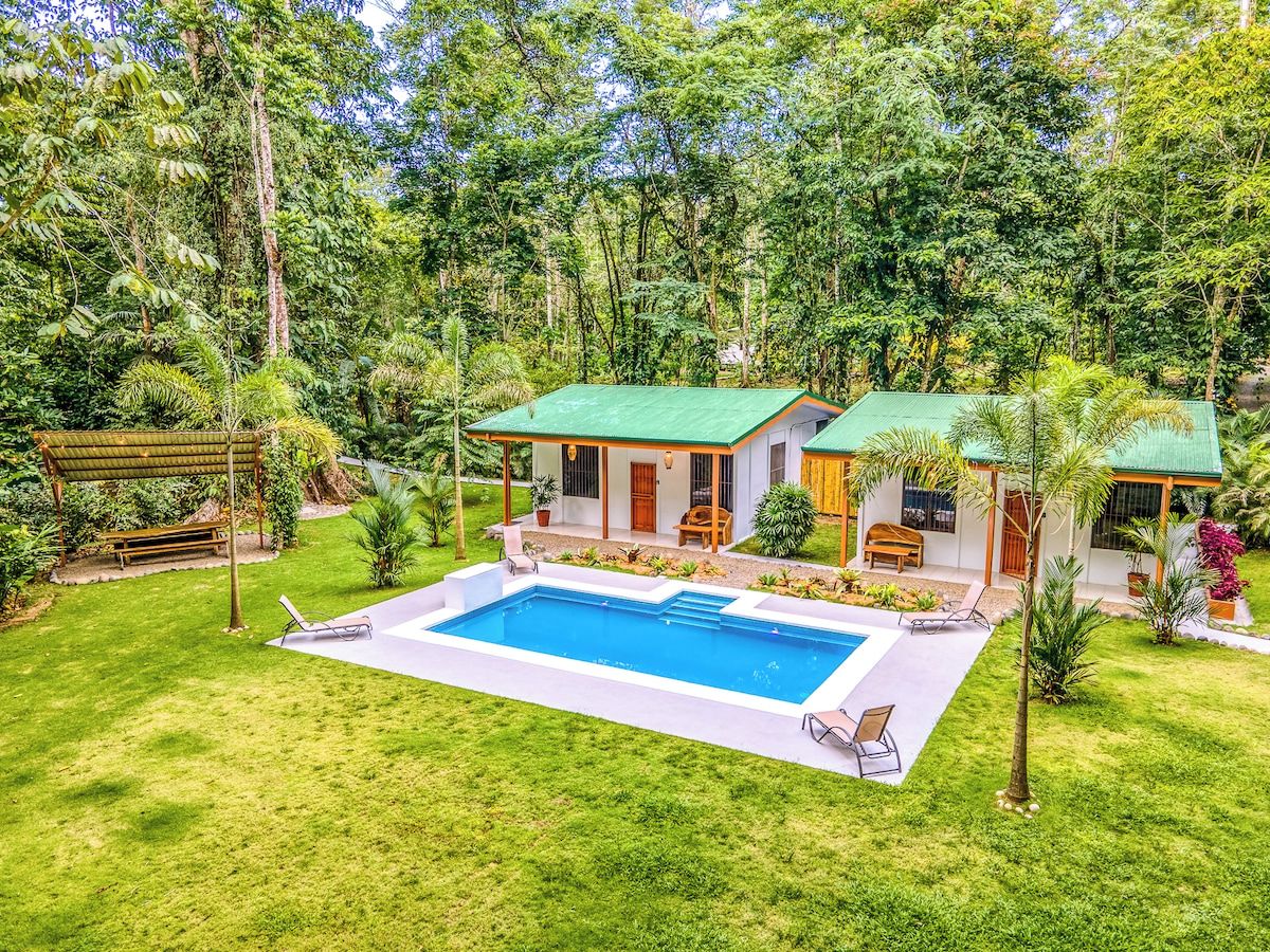 Ein Haus mit Schwimmbad, umgeben von üppiger Vegetation.