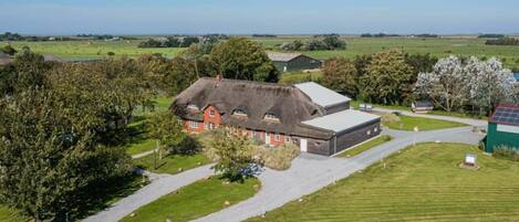 A rural property with a thatched-roof house, a large barn, and a fenced green field.