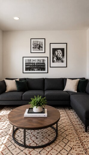 A living room with a dark-colored sectional sofa, a round coffee table with a plant and a book, and two framed black and white photographs on the wall. - Sleeps 10, free parking — Hart Suites #4 (Nashville)