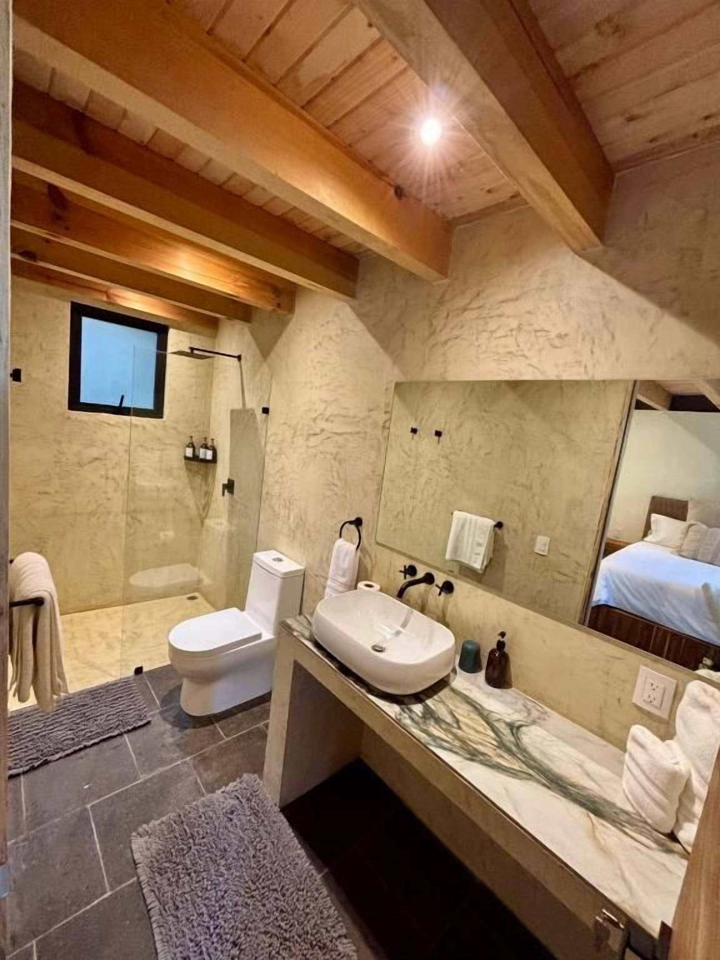 Un baño moderno con ducha, inodoro, lavamanos y un espejo grande.