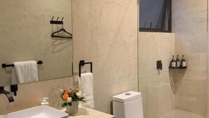 A modern bathroom with a large mirror, a toilet, and a shower area. - Pandurata Bed & Breakfast (Valle de Bravo)