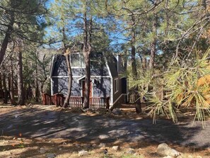 A cabin with a wooden deck, surrounded by pine trees. - Wondrous Juniper House (Big Bear Lake)