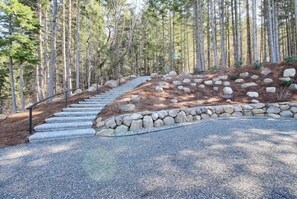 Une allée de gravier mène à un escalier en pierre, lui-même entouré d’une forêt.