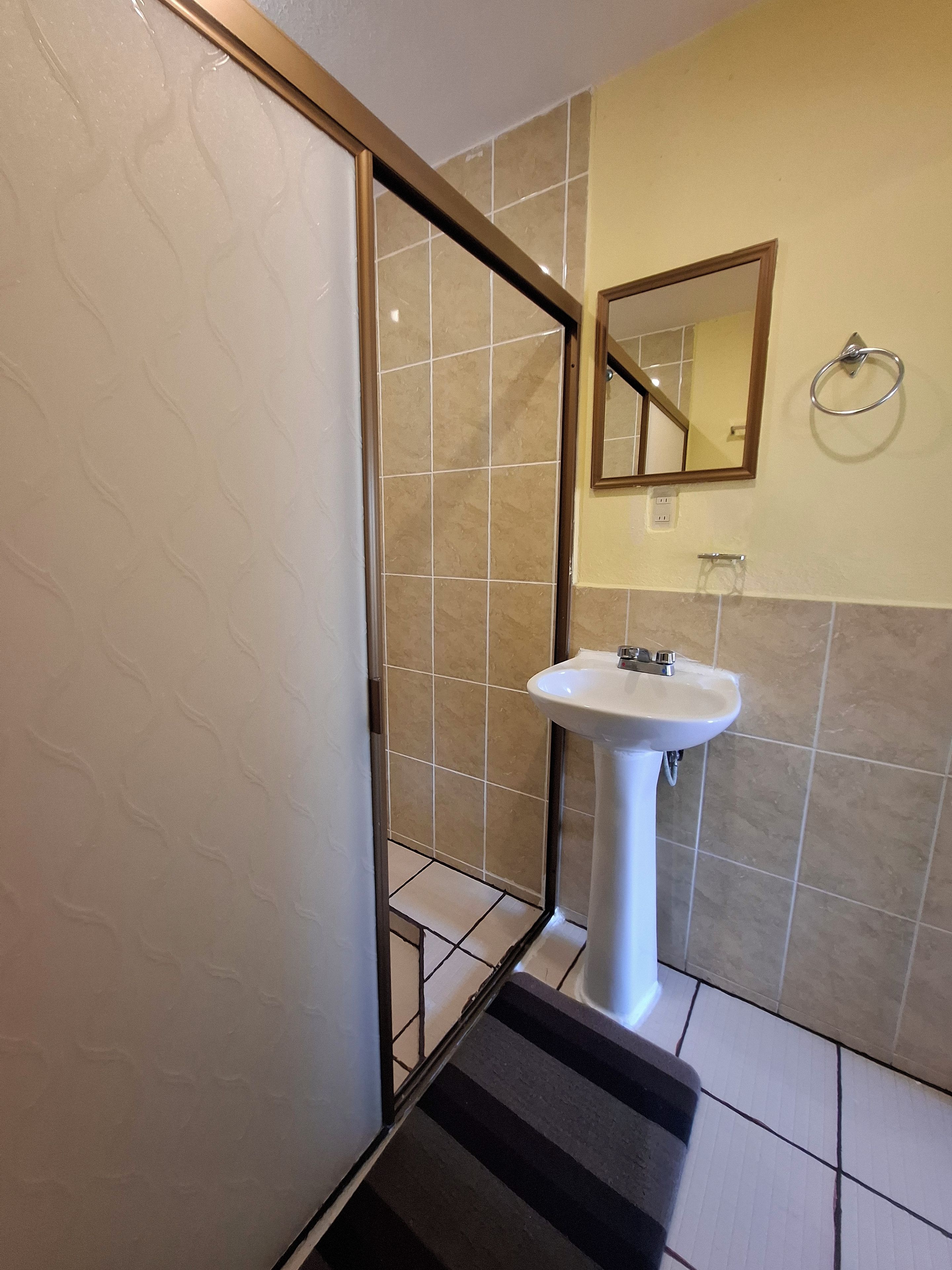 A bathroom with a white sink, a mirror, and a shower with a glass door.