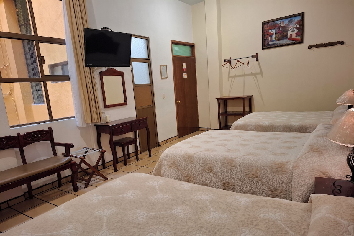 Habitación de hotel con cama, escritorio, silla, televisión, puerta y un cuadro en la pared.