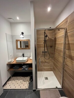 A modern bathroom with a glass-enclosed shower, a wooden vanity, and a mirror above the sink. - Le Petit Chalet: 2-person vacation rental with spa access (AUBURE)
