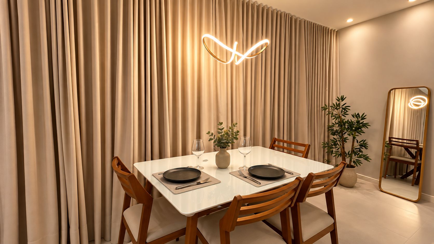 Un coin repas avec une table dressée pour deux personnes, un miroir et une plante.