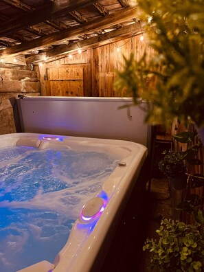 Ein Whirlpool mit Holzboden und -wänden, umgeben von Topfpflanzen.