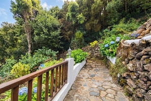 A stone pathway leading through a lush garden with a wooden railing on one side and a white wall on the other. - Las Ninfas Natural Escape 1 (Icod de los Vinos)