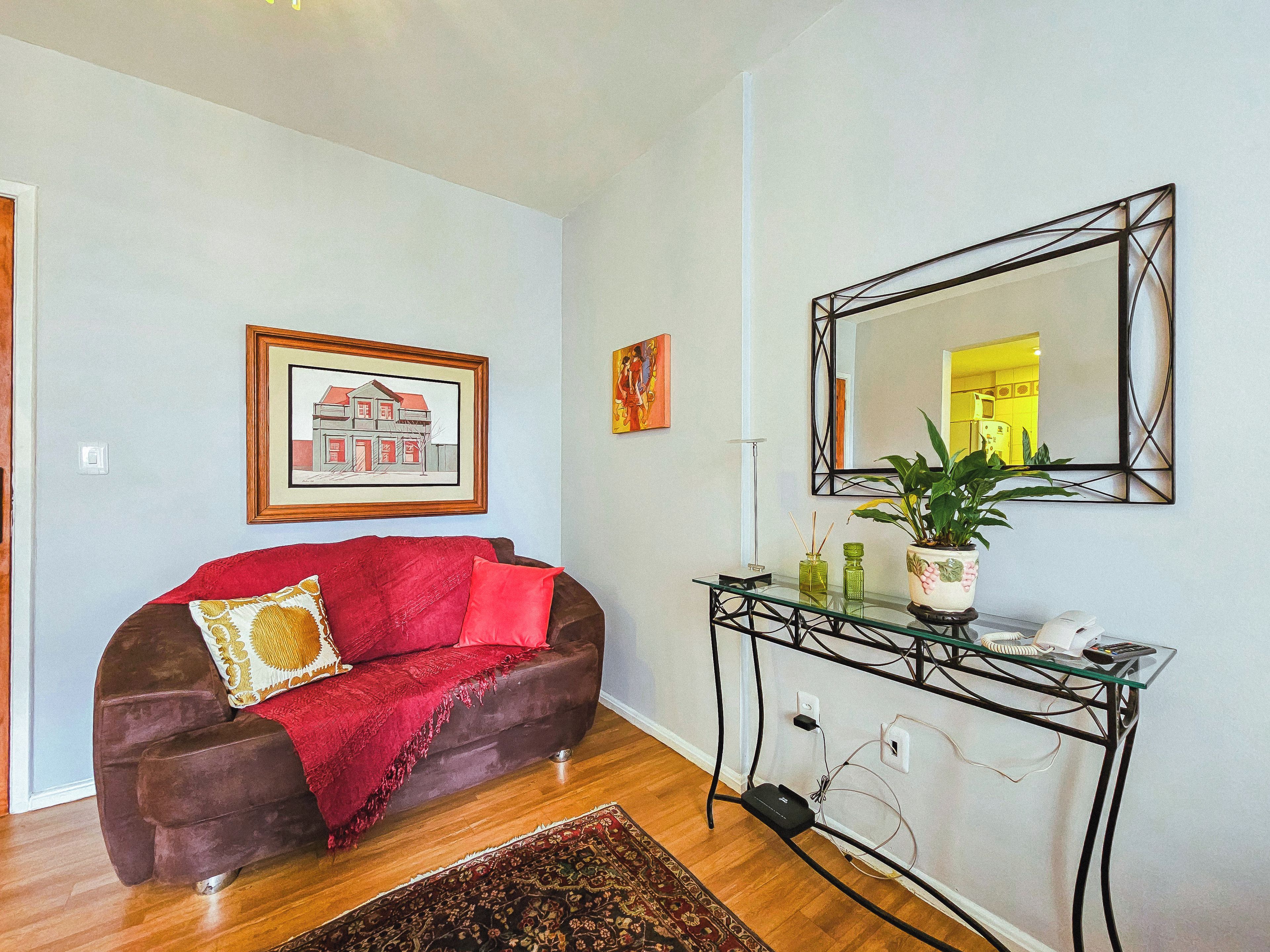 A living room with a brown sofa, a red throw blanket, a framed picture, a mirror, and a console table with a plant.